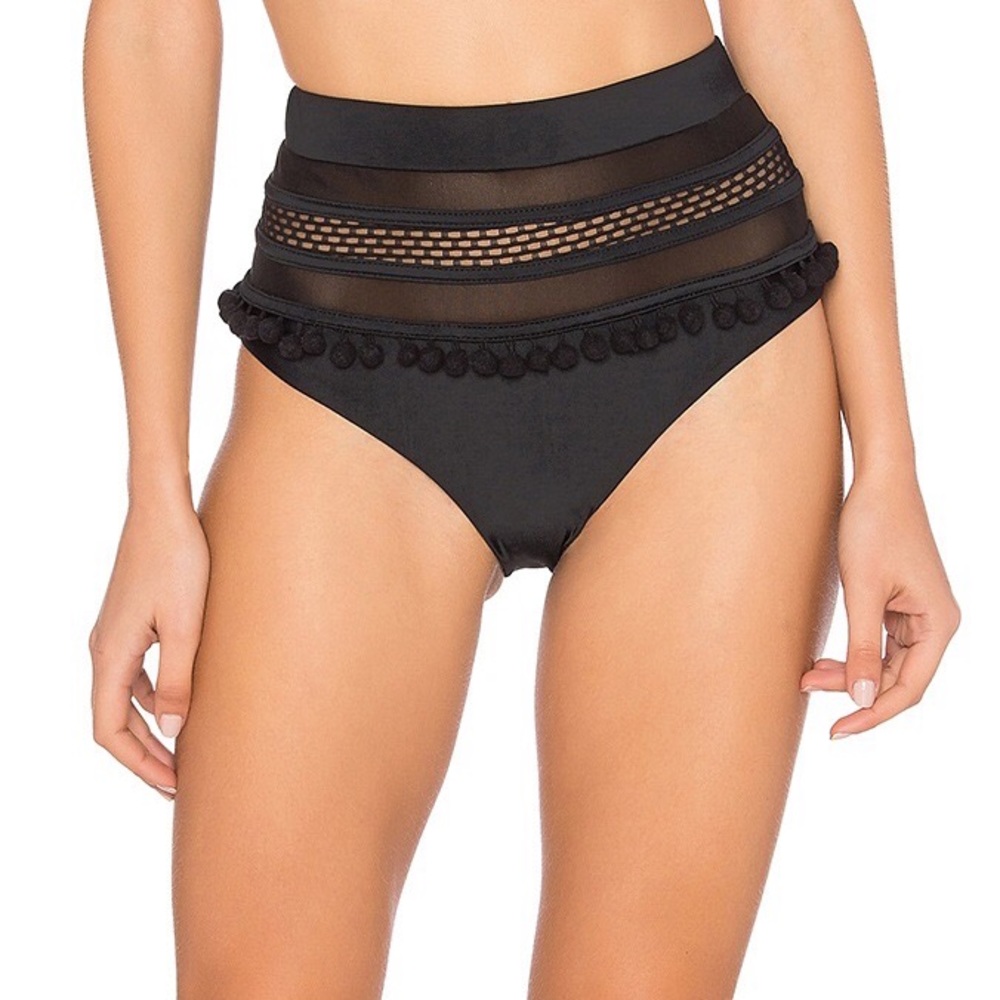 Tularosa Black High Waist Bikini Bottom with Pom Trim